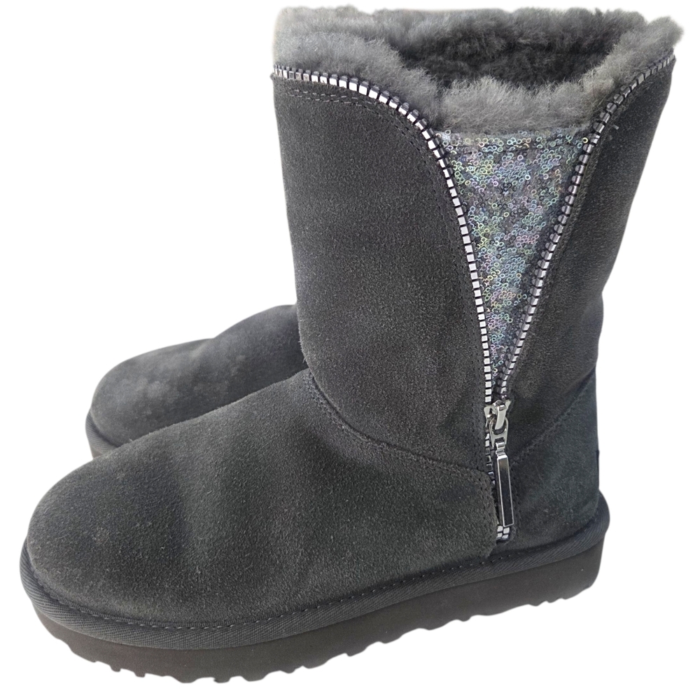 Ugg Classic Short Zip Boots Suede Sheepskin Sequin Zipper Womens 5  Gray Winter